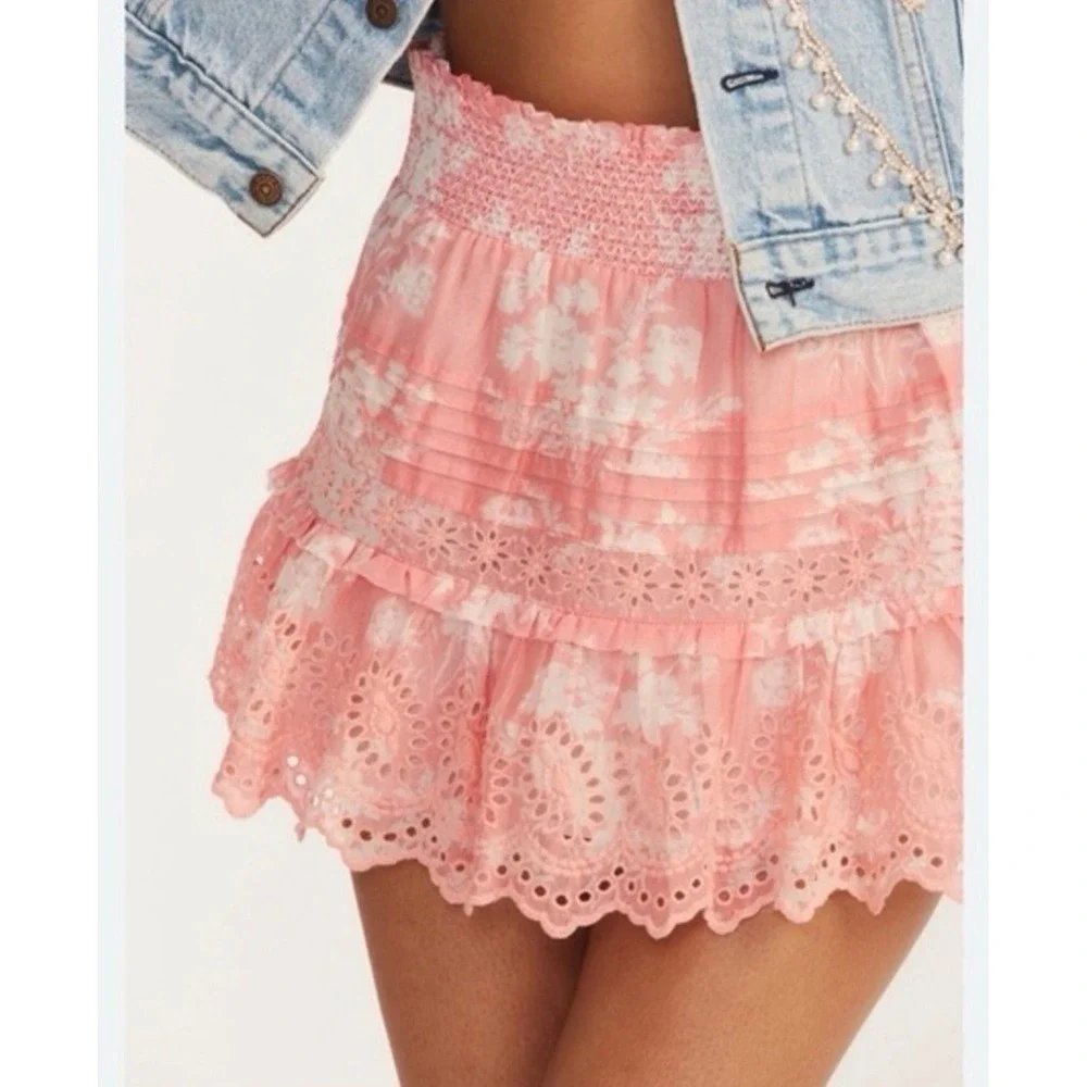 LoveShackFancy Jimena Coral Pink‎ Floral Smocked Eyelet Ruffle Mini Skirt Small